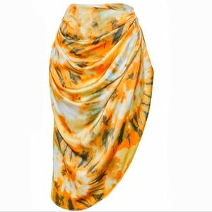 PLT orange tie dye ruched side midi skirt